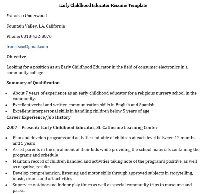 early childhood educator resume template