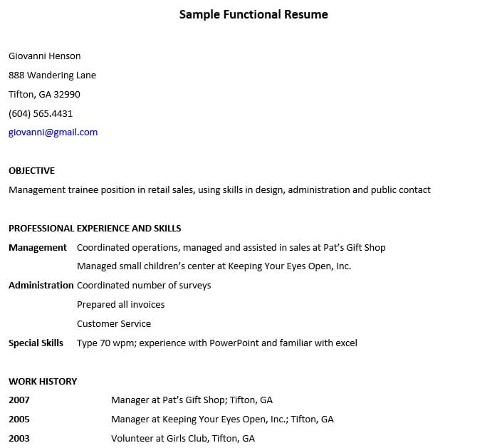 sample functional resume technical college