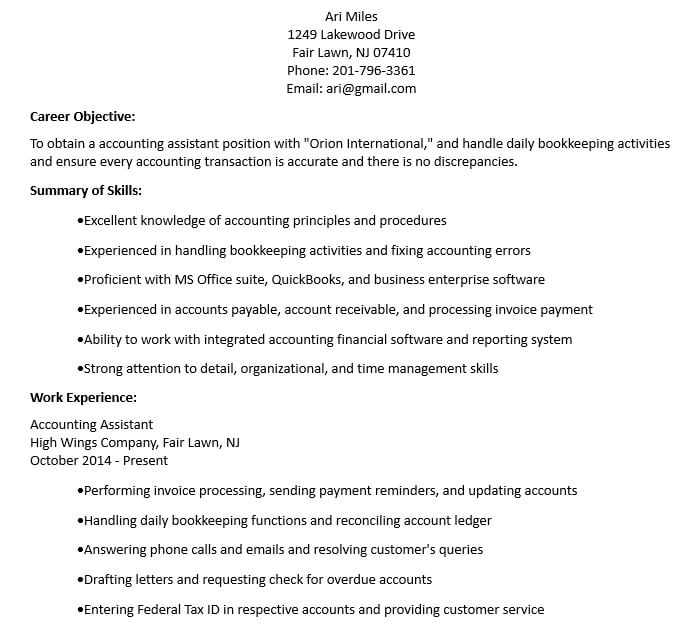 Accountant Assistant Resume Format