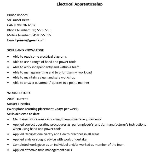 Apprentice Electrician Resume