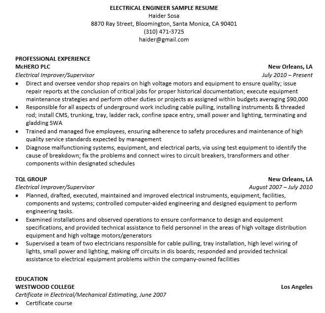 Best Resume Format For Electrical Engineer Free Download