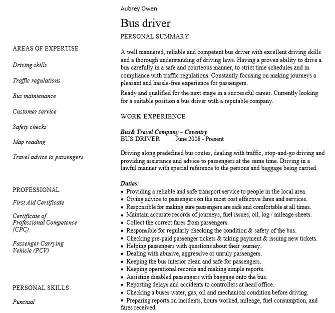 Bus Driver Resume