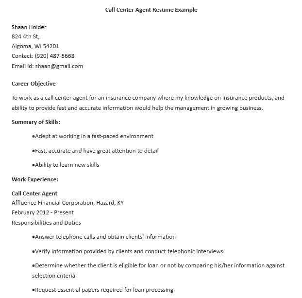Call Center Agent Resume Example