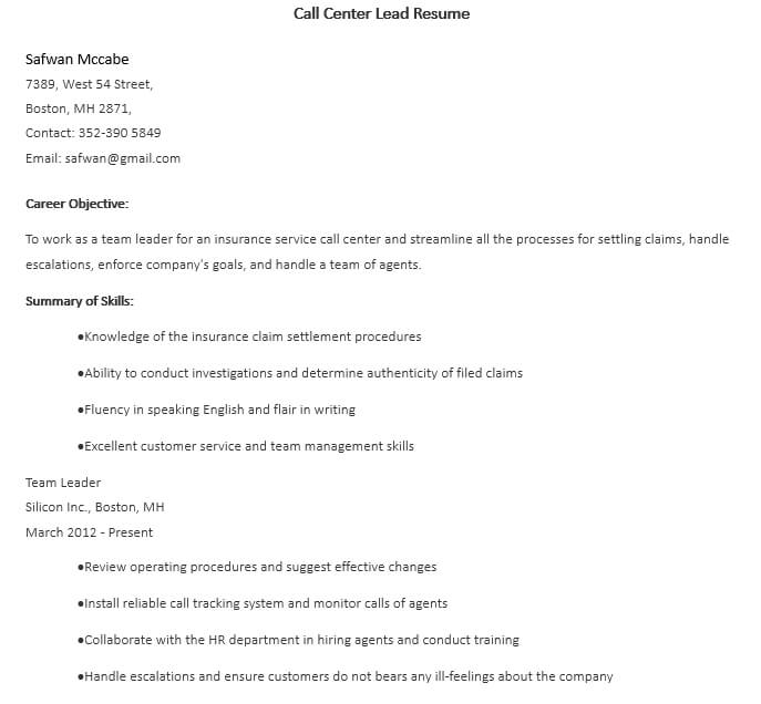 Call Center Lead Resume