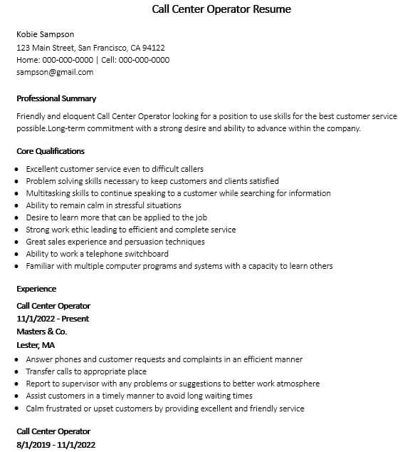 Call Center Operator Resume Template Download