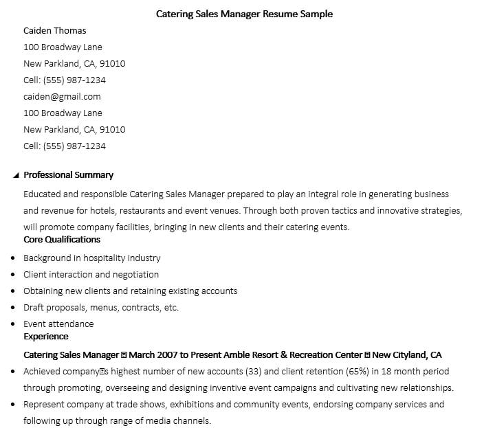 Catering Sales Manager Resume