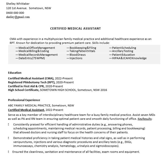 Certified Medical Assistant Resume Sample