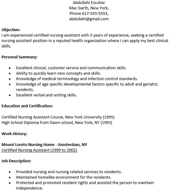 Certified Nussing Assistant Resume Template