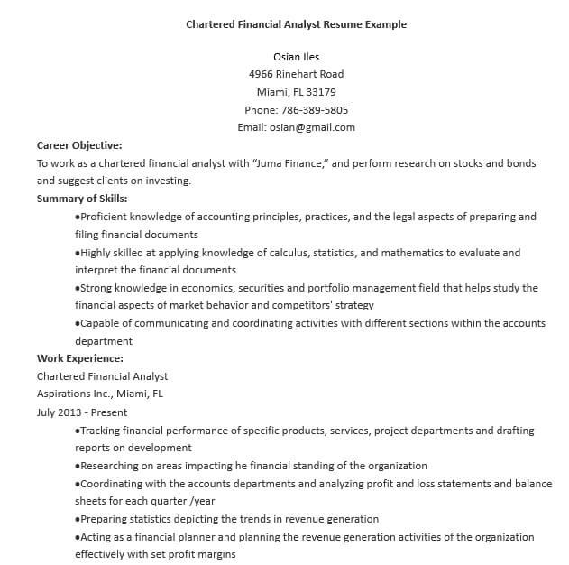 Chartered Financial Analyst Resume Example