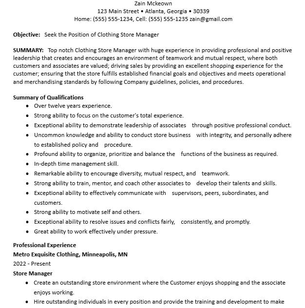 Clothing Store Manager Resume