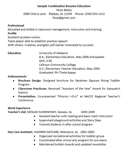 Combination Resume for Education Word Free Download