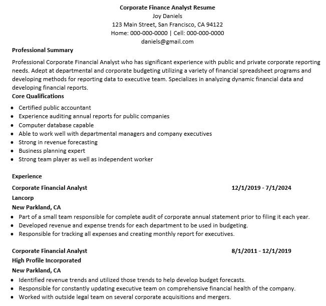 Corporate Finance Analyst Resume