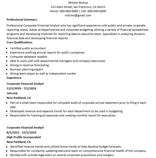 Corporate Financial Analyst Resume Sample