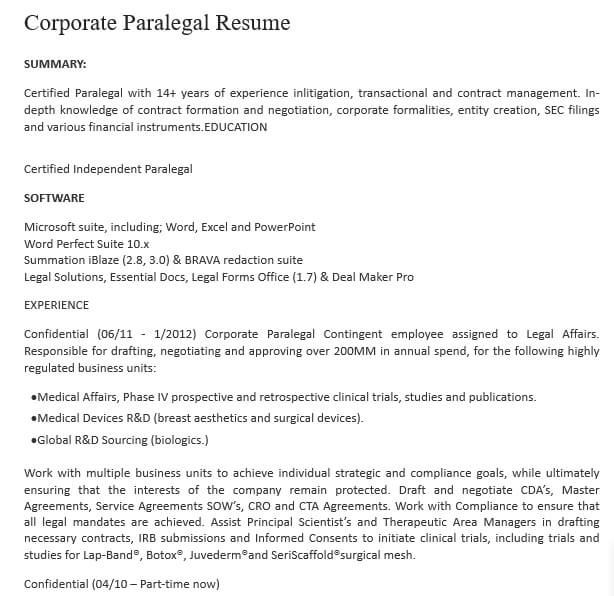 Corporate Paralegal Resume