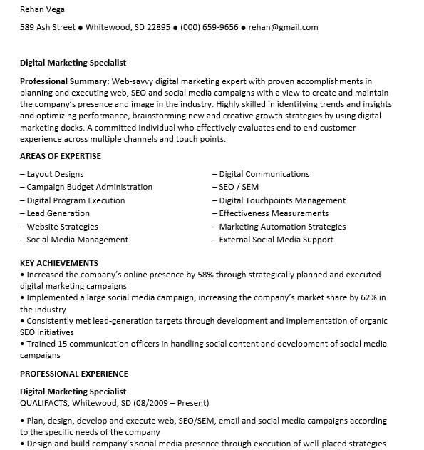 Digital Marketing Specialist Resume