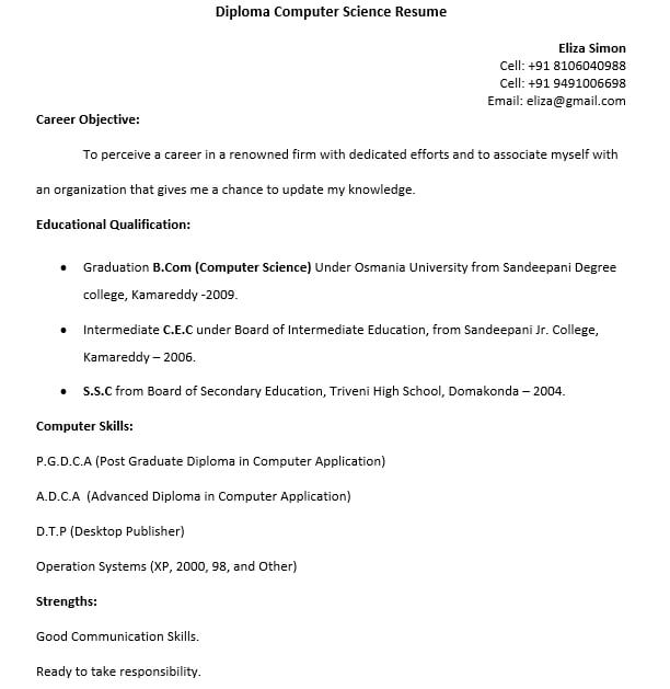 Diploma Computer Science Resume
