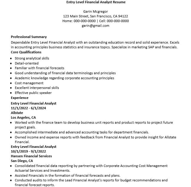 Download Entry Level Financial Analyst Resume