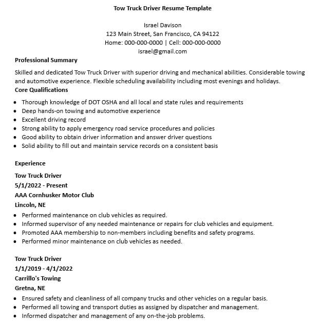 Download Tow Truck Driver Resume Template
