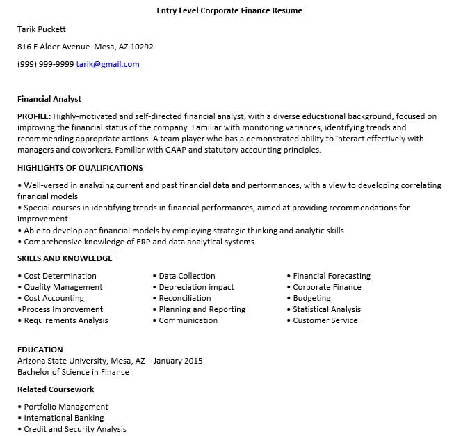 Entry Level Corporate Finance Resume