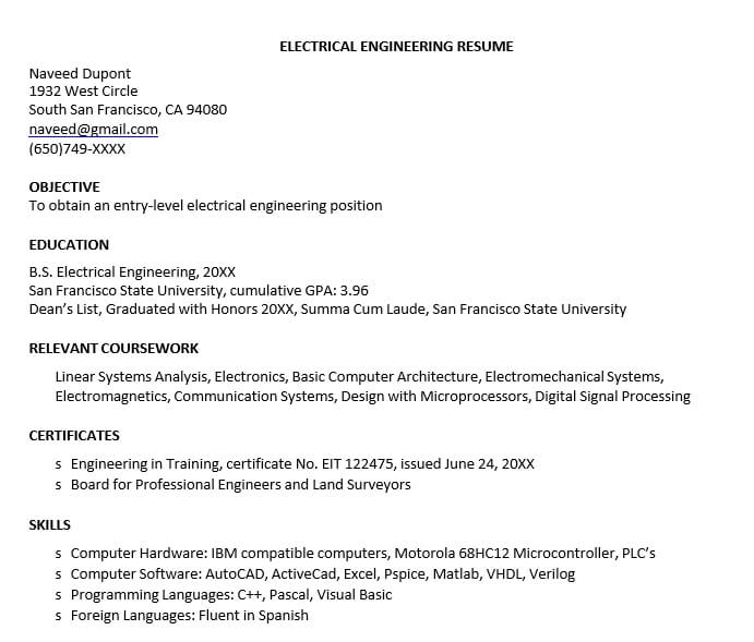 Entry Level Electrical Engineering Resume