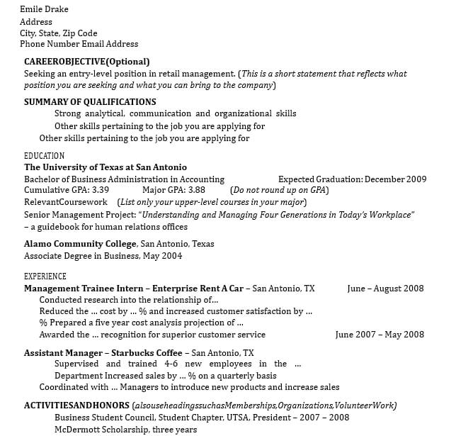 Entry Level Retail Manager Resume