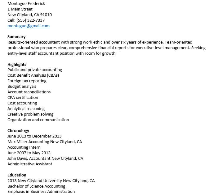 Entry Level Staff Accountant Resume Example
