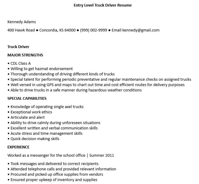 Entry Level Truck Driver Resume Template in Word Format