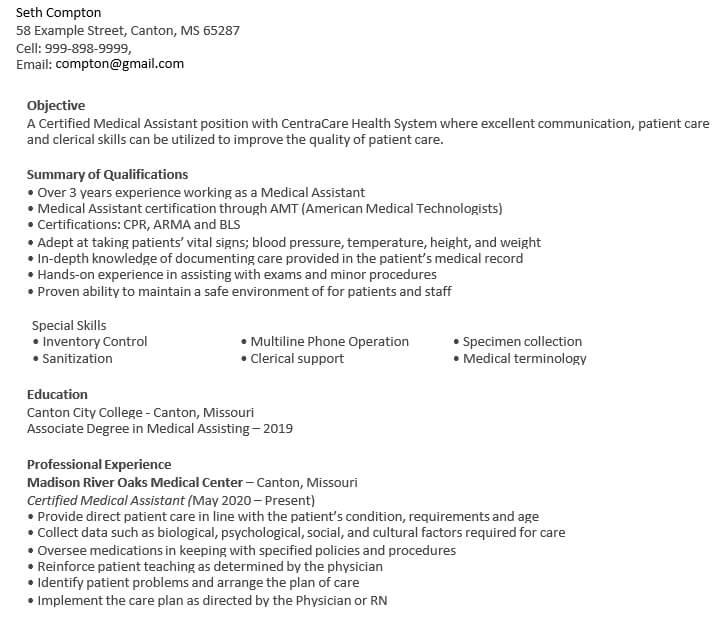 Example Medical Assistant Resume
