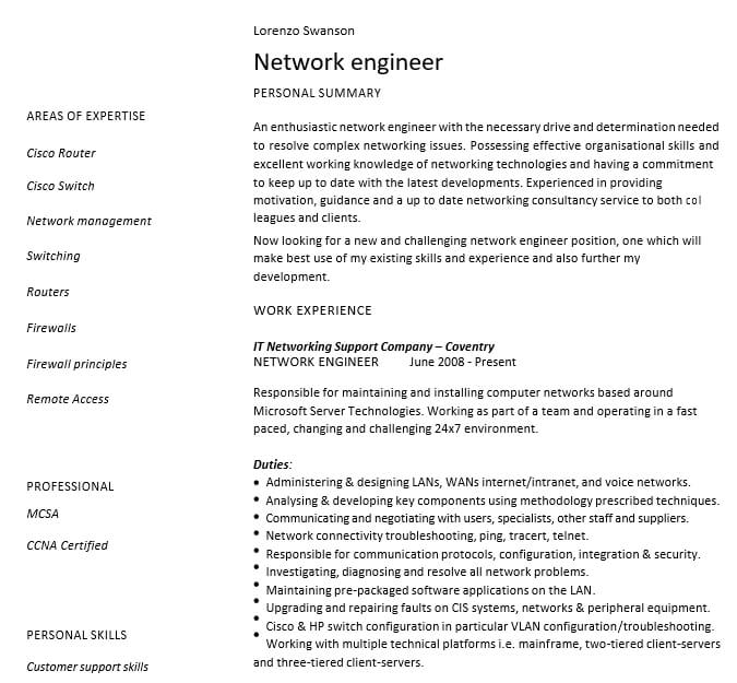 Example Network Engineer Resume for Fresher PDF Format