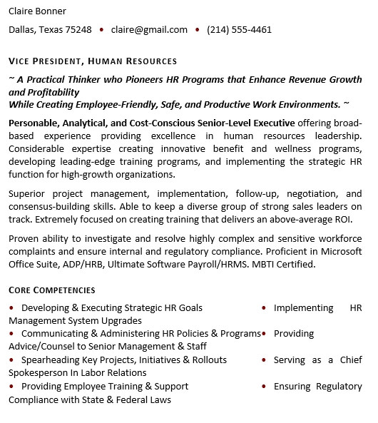Executive Resume Sample for HR VP