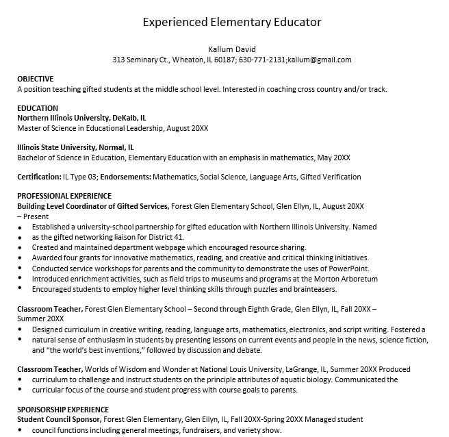 Experienced Elementary Teacher Resume 1