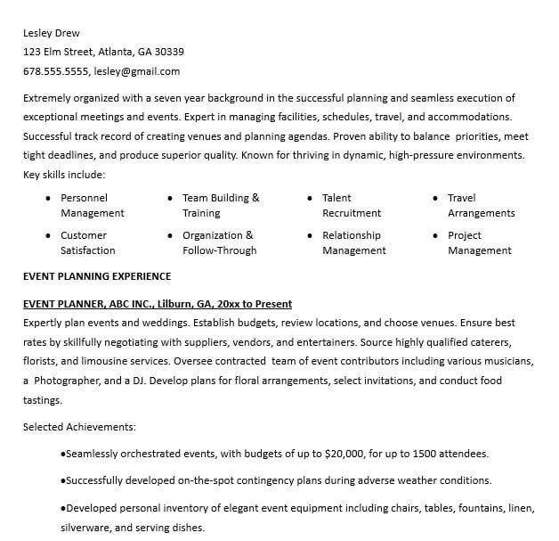 Experienced Event Planner Resume