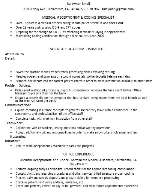 Experienced Medical Receptionist Resume