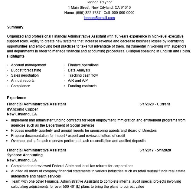 Finance Administrative Assistant Resume