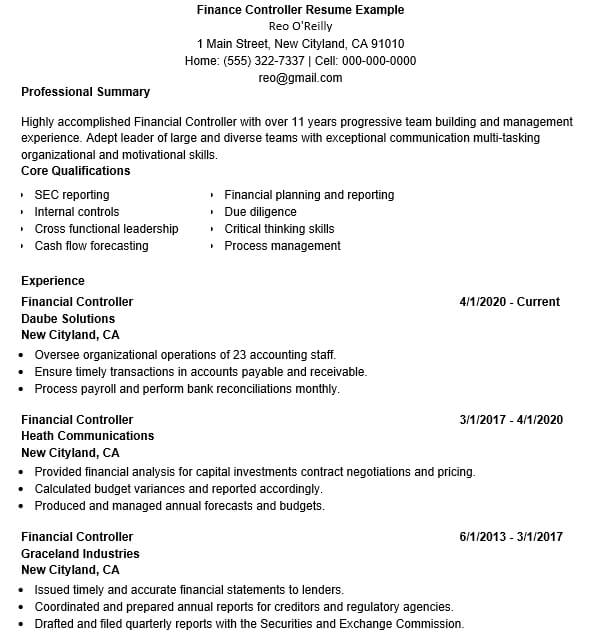 Finance Controller Resume Example