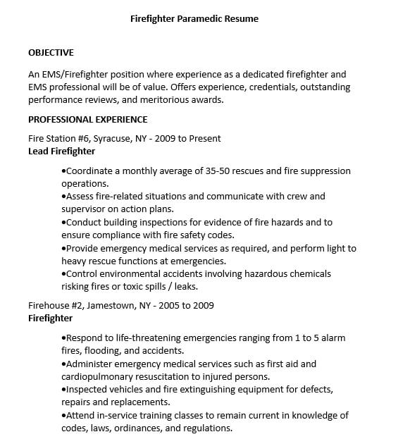 Firefighter Paramedic Resume