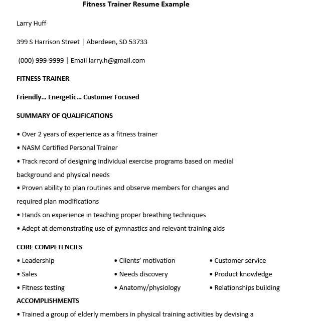 Fitness Personal Trainer Resume