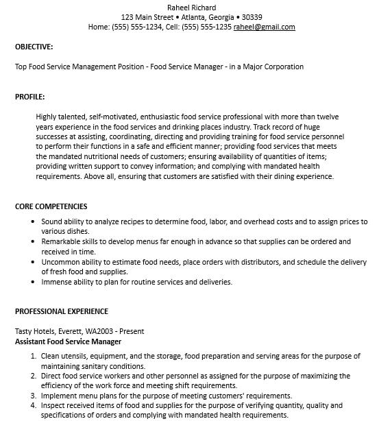 Food Service Manager Resume