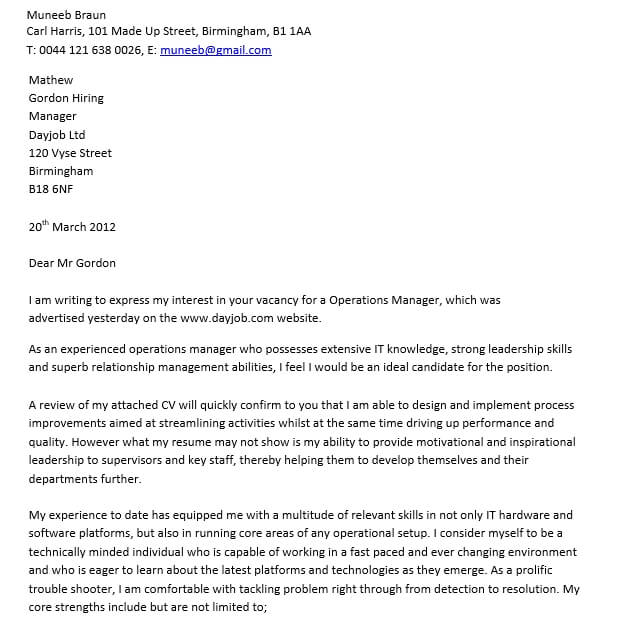Food Service Operation Manager Cover Letter Template