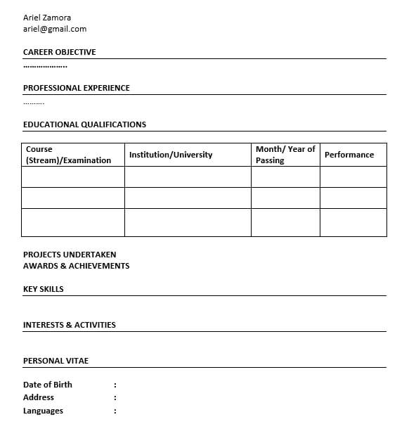 Free Fresher Resume Format Download