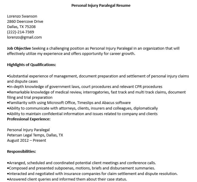 Free Personal Injury Paralegal Resume Template