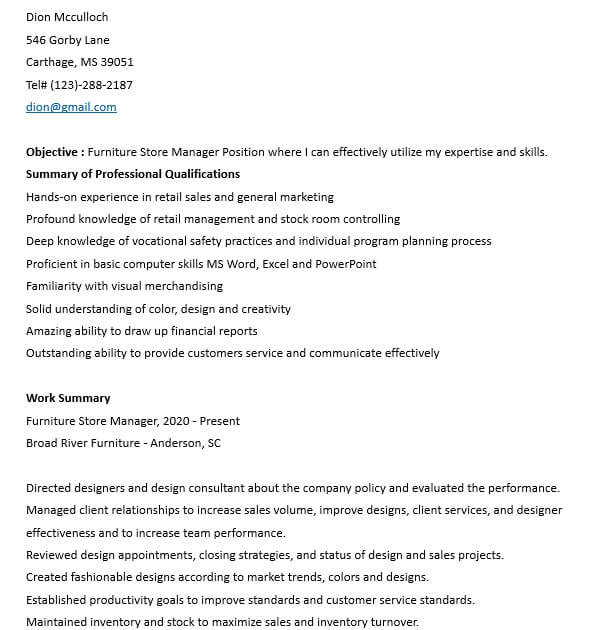 Furniture Store Manager Resume