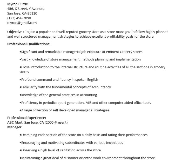 Grocery Store Manager Resume