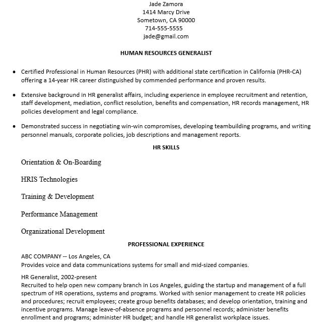 HR Experienced Resume Format Template