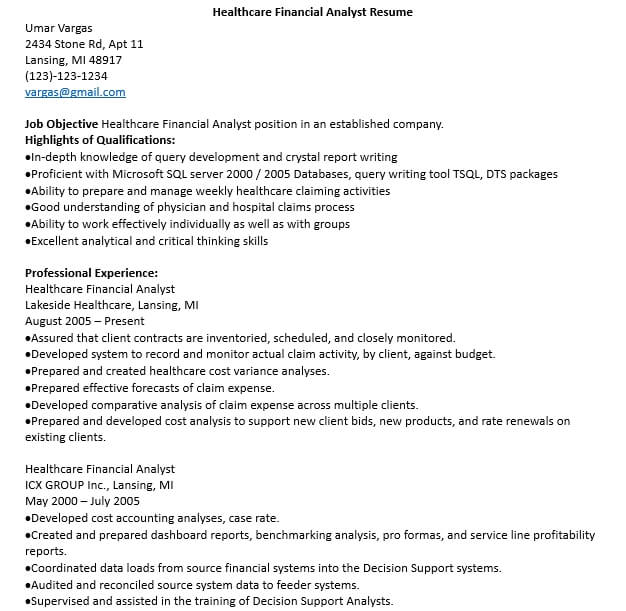 Healthcare Financial Analyst Resume