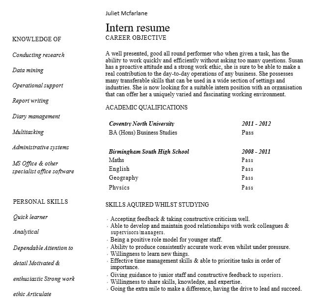 High School Internship Resume