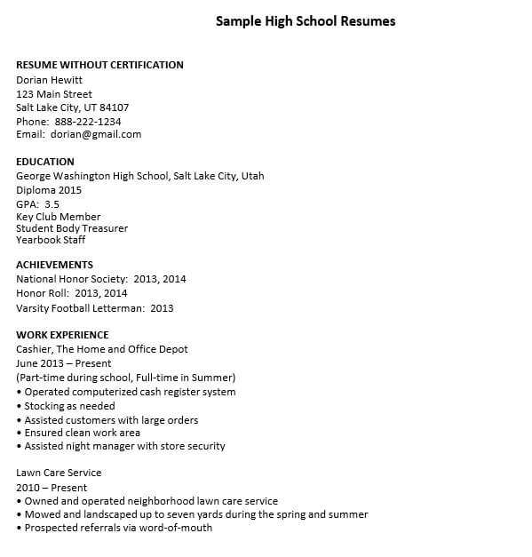 High School Resume For Student