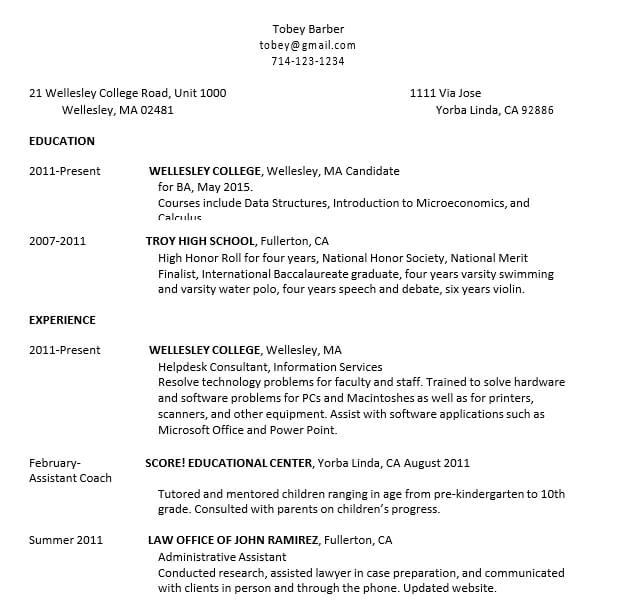 High School Student Resume For College