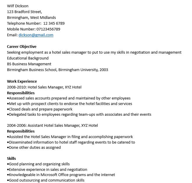 Hotel Sales Manager Resume