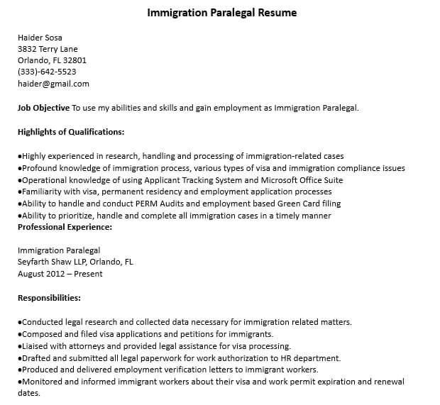Immigration Paralegal Resume in Word